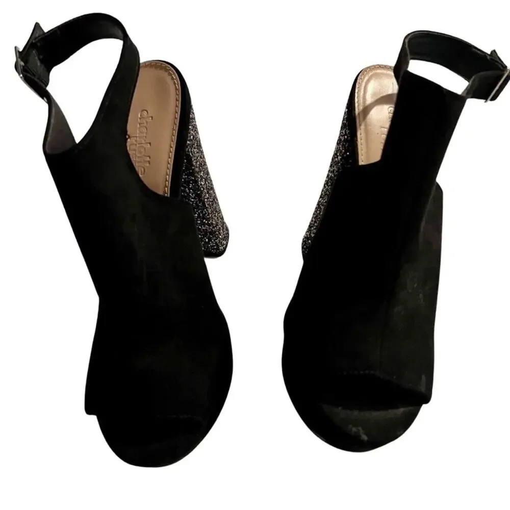 Charlotte Russe Heels Womens Size 6 Black Faux Suede Peep Toe Sparkly 5” Prom
